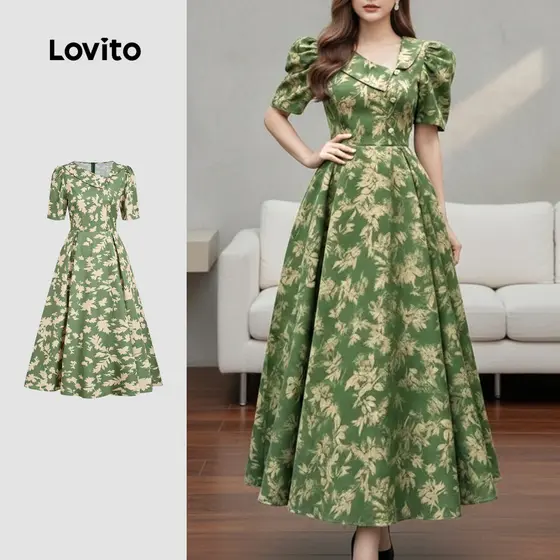 Lovito Vestido Verde Boho com Botões e Zíper para Primavera/verão para Mulheres LBL33128