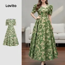Lovito Vestido Verde Boho com Botões e Zíper para Primavera/verão para Mulheres LBL33128