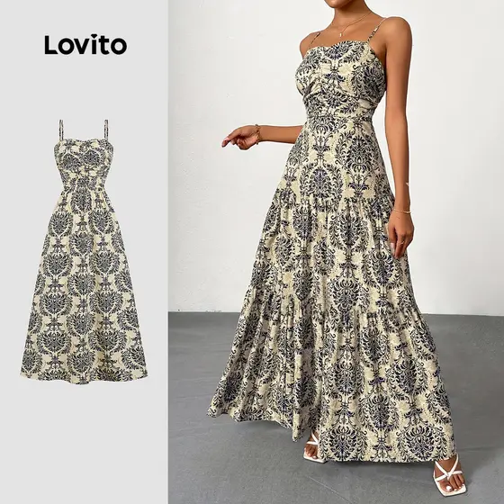Lovito Vestido Longo Boho Étnico Estampado Com Pregas Ideal Para Primavera/verão LBL32022