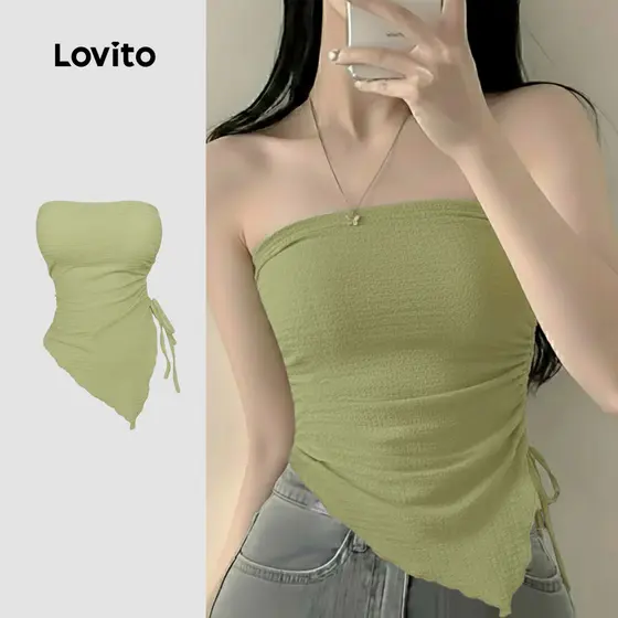 Lovito Casual Top Plissado Padrão Amarração Primavera/verão Top Verde Claro para Mulheres. LNE134069