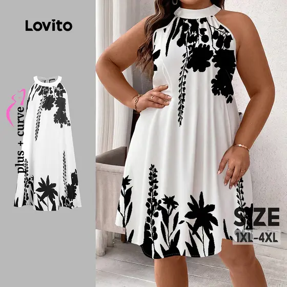 Lovito Floral Vestido Casual Plissado Primavera/Verão Vestido Preto E Branco Para Mulheres LK3LD325