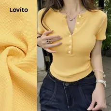 Lovito Camiseta Casual Clássica e Versátil Frente Abotoada Primavera/verão Amarela Slim Fit para Mulheres L172LD333