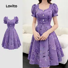Lovito Vestido Casual Feminino com Zíper e Botões Na Frente Primavera/Verão LK4LD790