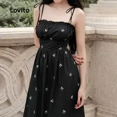 Lovito Vestido Casual com babados e laço vestido preto e branco para mulheres LK3AD323