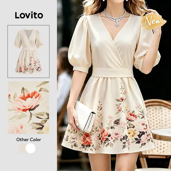 (New Arrival) Lovito Vestido Casual Retrô Com Laço E Amarração Cor Cáqui Claro Para Mulheres Para Primavera/verão DRK8P1D686