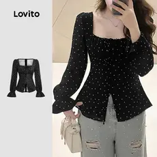 Lovito Blusa Casual de Renda com Amarração Outono/inverno Preta para mulheres L159AD021