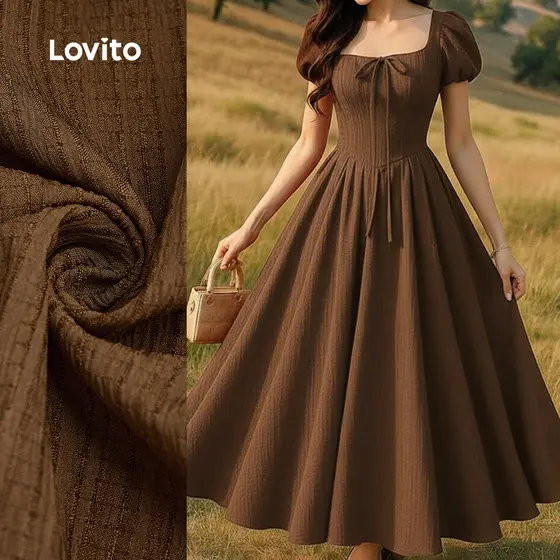 Lovito Vestido Casual com Renda e Zíper Primavera/verão Marrom para Mulheres L171ED253