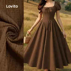 Lovito Vestido Casual com Renda e Zíper Primavera/verão Marrom para Mulheres L171ED253