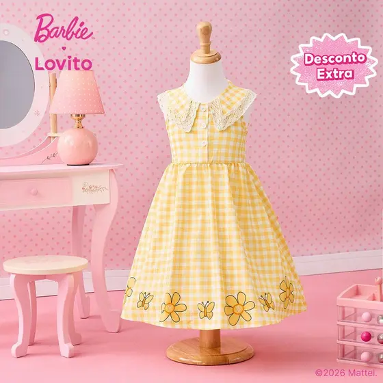 [Mid Year Sale](New Arrival) Barbie™ X Lovito Kids Vestido Amarelo Renda Botão Primavera/verão Fofo Menina DRBL4PAD026