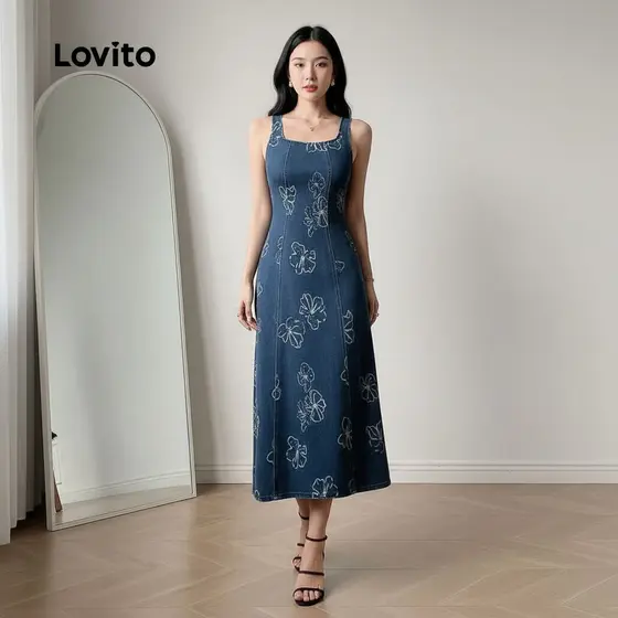 Lovito Vestido Feminino Estampado Jeans Primavera Verão Azul LK2LD288