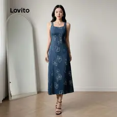 Lovito Vestido Feminino Estampado Jeans Primavera Verão Azul LK2LD288