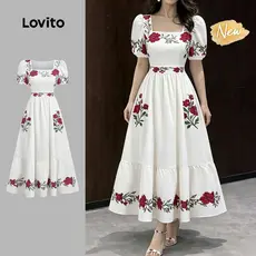 (New Arrival) Lovito Vestido Casual com Babado No Hem e Estrutura de Linhas Zíper Vestido Feminino DRBR37BR183