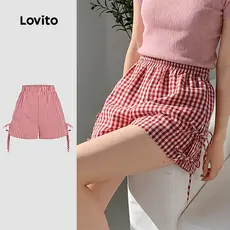 Lovito Shorts Casuais Laço Estilo Versátil Diário Férias Viagens Primavera/verão Vermelho Shorts para Mulheres L179AD246