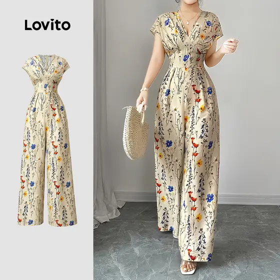 Lovito Floral Padrão de Macacão Casual Pregueado para Commute Macacão Feminino Primavera/Verão LK4AD286