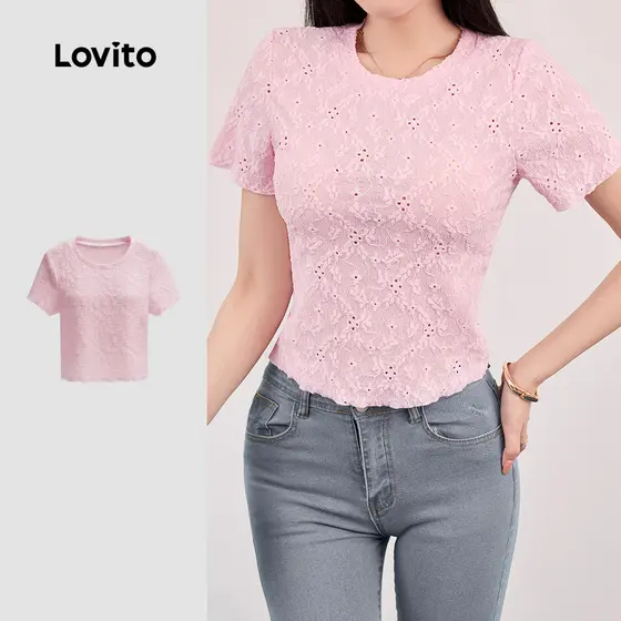 Lovito Casual T-shirt Simples Lazer Primavera/verão Camiseta Rosa para mulheres L178ED801