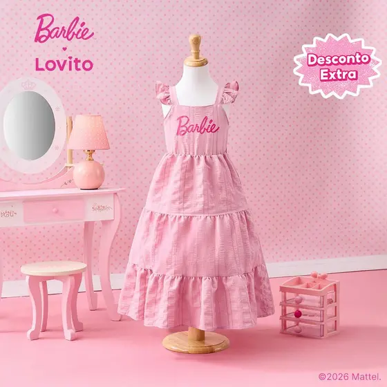 [Mid Year Sale](New Arrival) Barbie™ X Lovito Kids Vestido Fofo Camadas Jacquard Rosa Primavera/verão Menina DRBL4PAD028