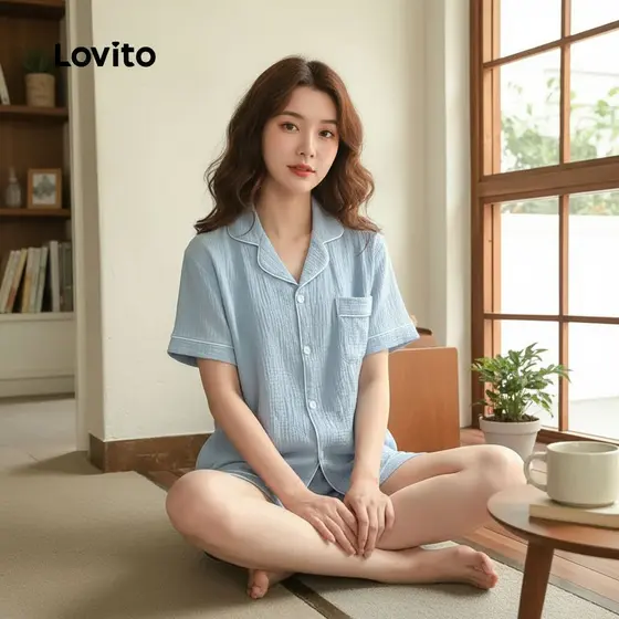 Lovito Pijamas Elegantes Kit com 2 Estampas Combinadas Pijama Rosa Primavera Verão LNE117147