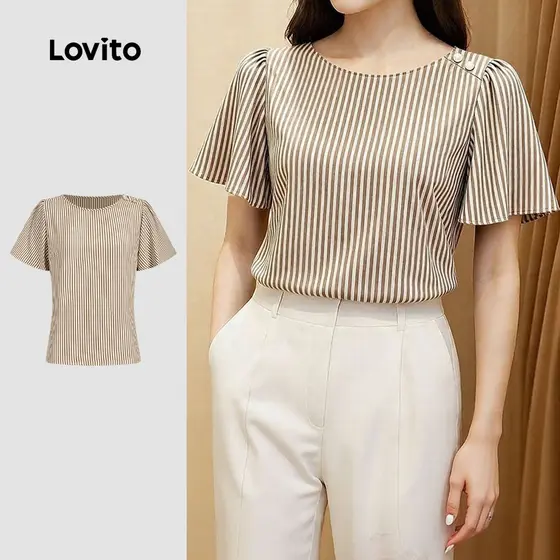 Lovito Blusa Casual Marrom Assimétrica Com Botões Para Deslocamento Na Primavera/verão para Mulheres L171AD034