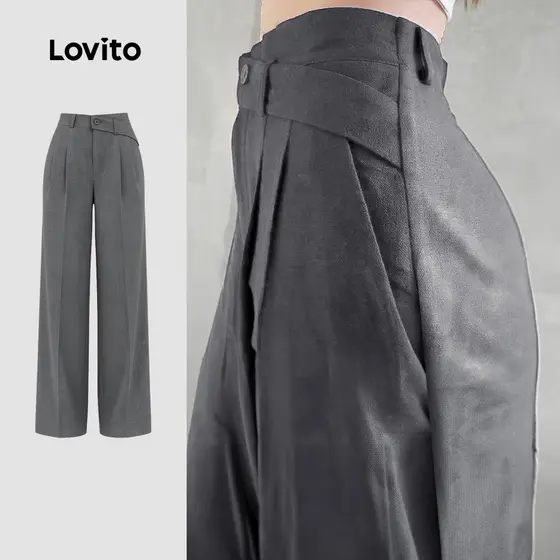 (NEW) Lovito Calça Casual Botão Pregueada Zíper Primavera/verão Cinza Calça Feminina LK4AD226