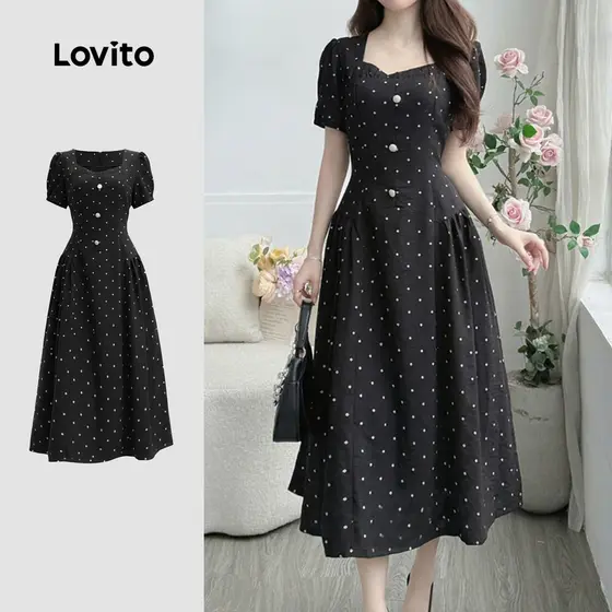 Lovito Vestido elegante com botão, confortável, mas elegante, primavera/verão, vestido preto para mulheres LK3ED1880