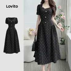 Lovito Vestido elegante com botão, confortável, mas elegante, primavera/verão, vestido preto para mulheres LK3ED1880