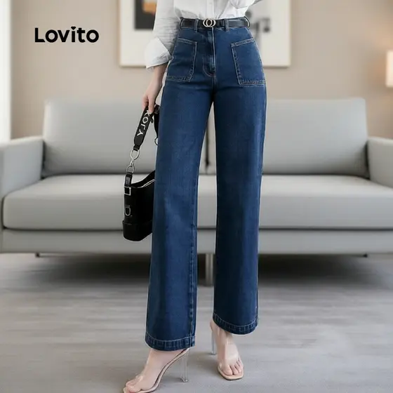Lovito Calça Jeans Feminina Lavada Corte Clássico Cinza e Azul Primavera/Verão LK2ED1350