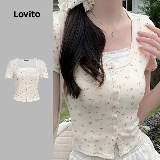 Lovito Camiseta Fofa Fake 2em1 Primavera/verão Off White para Mulheres LK2AD032