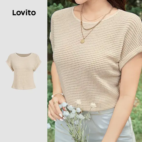Lovito Textura de Camiseta Casual para Mulheres Leve Cor Cáqui Claro Primavera/verão para O trajeto LK4AD344