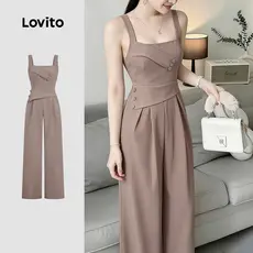 Lovito Macacão Casual com Botão Primavera/verão Macacão Marrom para Mulheres LK3ED1519