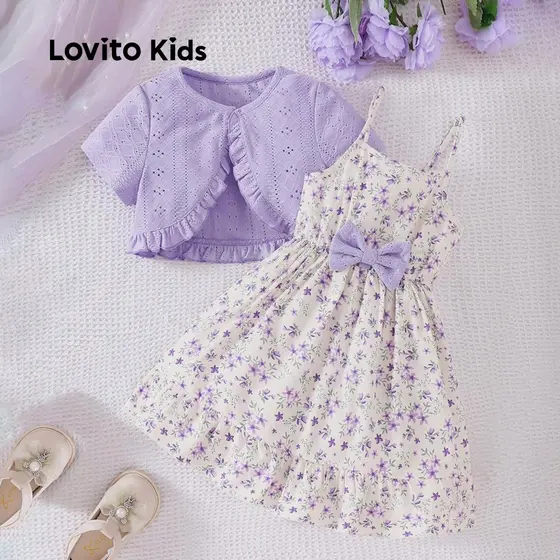 Lovito Conjunto Infantil Fofo De Saia E Blazer Com Laço Em Jacquard 2 Peças Roxo Para Meninas. L160LD190