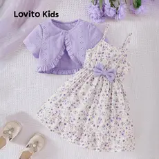 Lovito Conjunto Infantil Fofo De Saia E Blazer Com Laço Em Jacquard 2 Peças Roxo Para Meninas. L160LD190