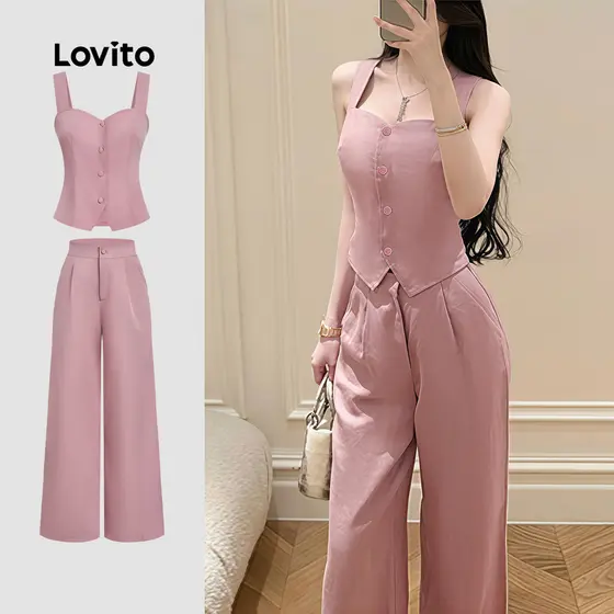 Lovito Elegantes Tops ou Calças para Primavera/verão Calças Rosa Cinza Tops ou Calças para Mulheres L184ED097