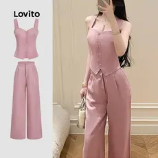 Lovito Elegantes Tops ou Calças para Primavera/verão Calças Rosa Cinza Tops ou Calças para Mulheres L184ED097