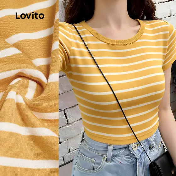 Lovito Camiseta Casual Geométrica Primavera/verão Amarela para Mulheres L171ED415