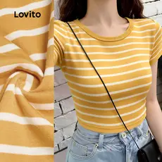 Lovito Camiseta Casual Geométrica Primavera/verão Amarela para Mulheres L171ED415
