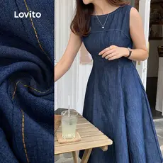 Lovito Vestido Casual Lavagem Crua Férias Encontros Viagens Primavera/verão Azul Escuro Vestido para Mulheres L164ED376
