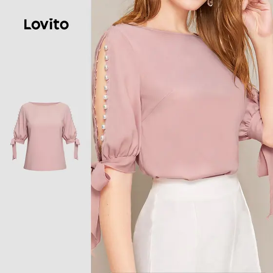 Lovito Blusa Casual oca pérolas rendas primavera/verão blusa rosa para mulheres LK3ED1723