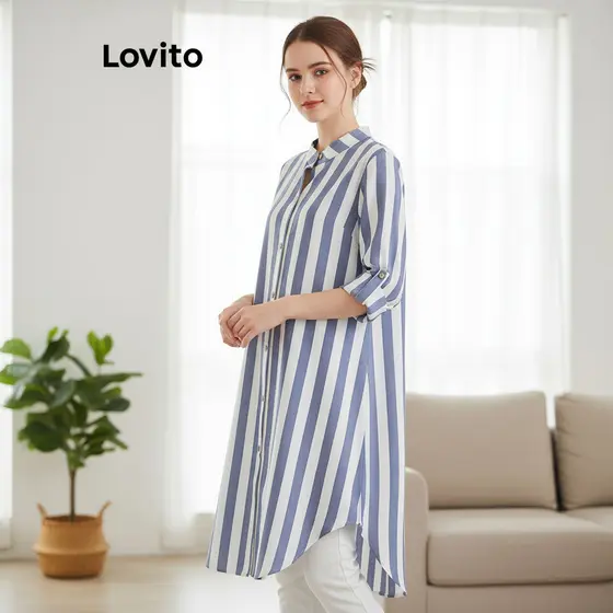 Lovito Vestido Casual Feminino Listrado com Estampa LNL83190