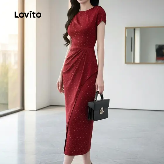 Lovito Vestido Vermelho Assimétrico Elegante Para Festa De Natal Primavera Verão Feminino L157LD360