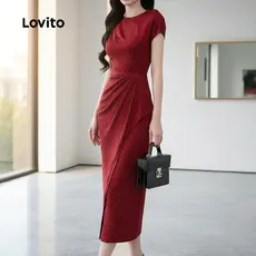 Lovito Vestido Vermelho Assimétrico Elegante Para Festa De Natal Primavera Verão Feminino L157LD360