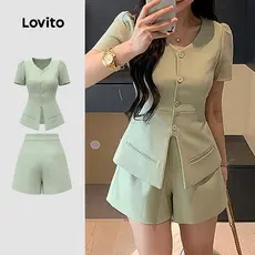(NEW) Lovito Elegantes Tops ou Calças O Trajeto Primavera/verão Verde ou Calças para mulheres LK4ED868