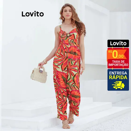 Lovito Bossa I Macacão Longo Feminino em Viscose Estampa Folhagens Coloridas e Argola no Busto LB15501580