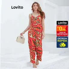 Lovito Bossa I Macacão Longo Feminino em Viscose Estampa Folhagens Coloridas e Argola no Busto LB15501580