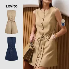 Lovito Vestido Elegante com Laço Na Frente Botões Casual Parte Primavera/verão Vestido Cáqui Para Mulheres L158ED970