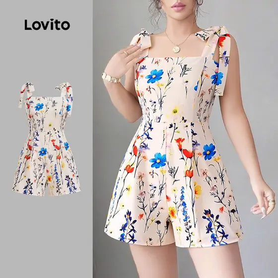 Lovito Macacão Casual Com Estampa Floral E Laço Primavera/verão Para Mulheres L172ED1123