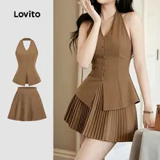 Lovito Elegantes Tops ou Calças Pregas para O Dia a Dia Primavera/verão Top Cáqui para Mulheres L190ED737