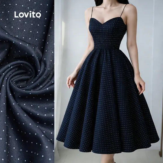 (NEW) Lovito Vestido Elegante com Zíper Estilo Preguiçoso Francês Azul Marinho Primavera/verão para Mulheres LBL33038