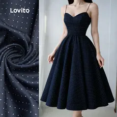 (NEW) Lovito Vestido Elegante com Zíper Estilo Preguiçoso Francês Azul Marinho Primavera/verão para Mulheres LBL33038