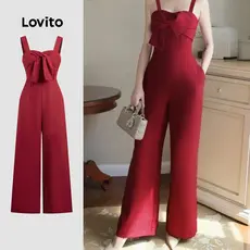 Lovito Macacão Elegante E Casual Com Laço Frontal Vermelho Para Mulheres Primavera/verão L158ED1536