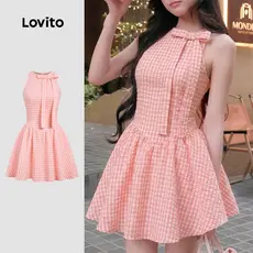 Lovito Vestido Casual Rosa Plissado com Laço para Mulheres Primavera/Verão L191AD096